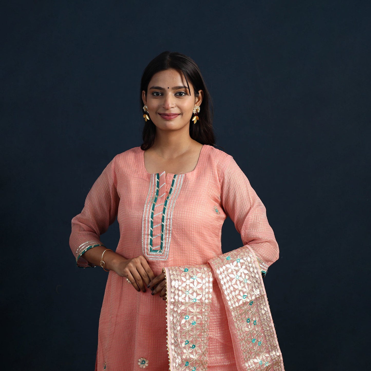 Peach - Elegant Gota Work Silk Kota Doria Kurta Set 06