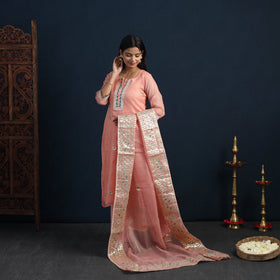 Peach - Elegant Gota Work Silk Kota Doria Kurta Set 06