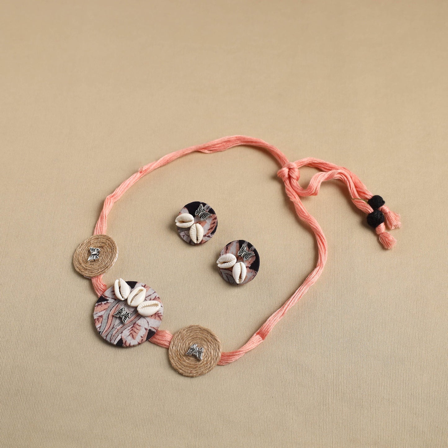 Peach - fabart jute choker necklace set 20 - handcrafted