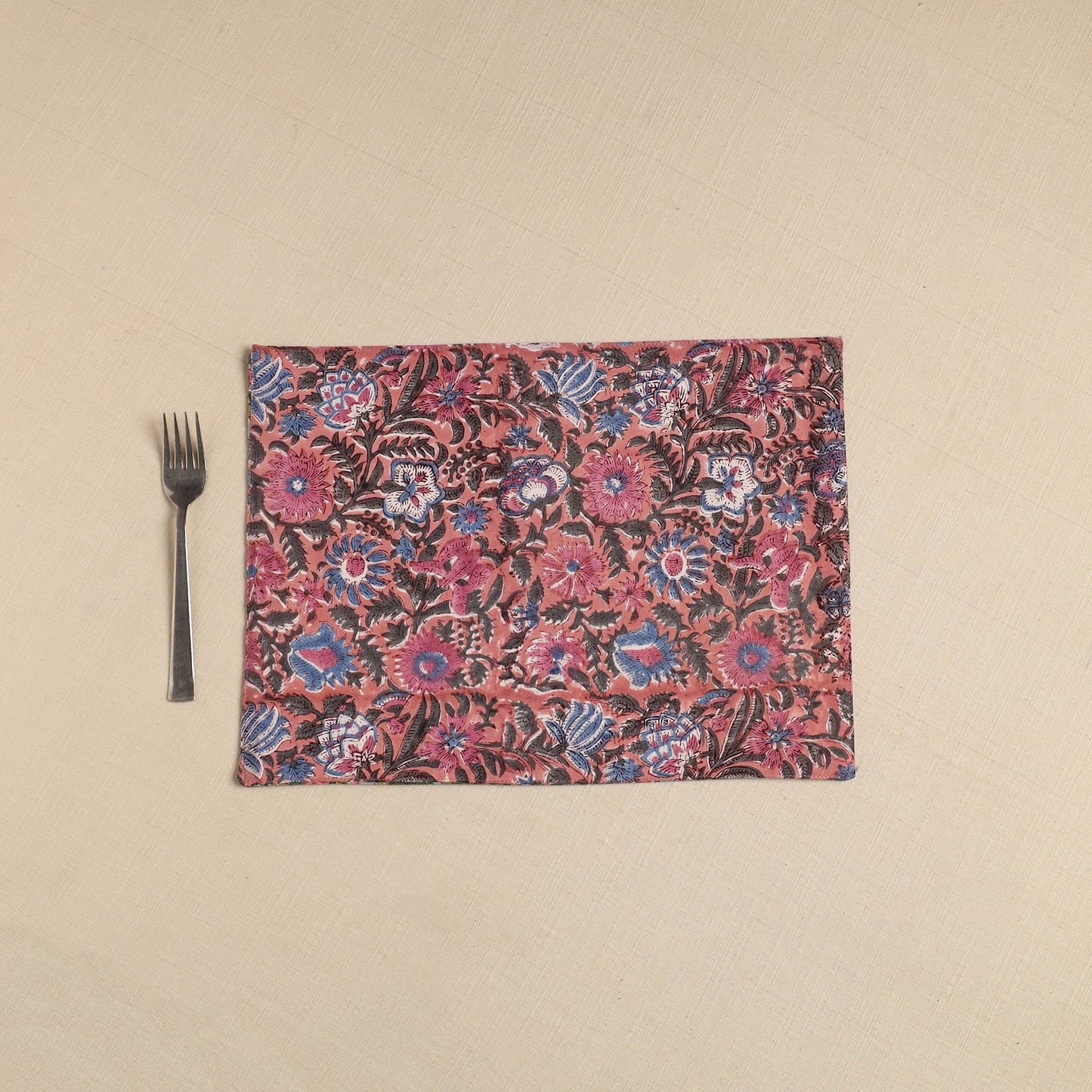  Peach Floral Print Cotton Reversible Table Mat 