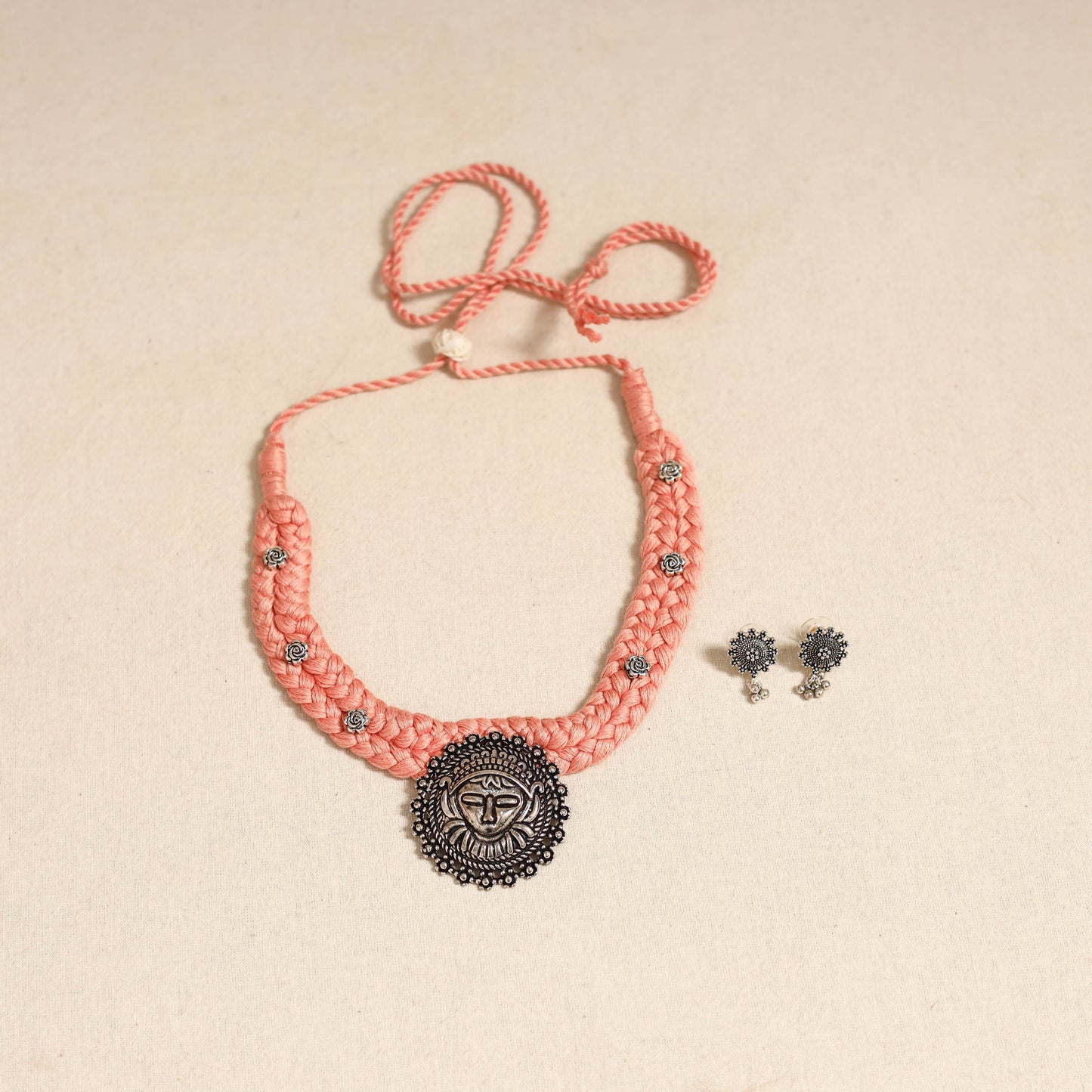 Peach - german silver thread braided necklace set 40