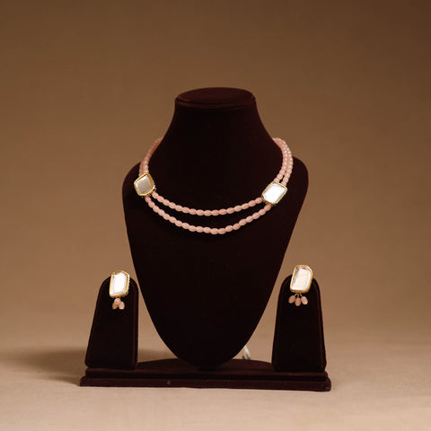 Glass beads kundan work necklace set 58 - handcrafted