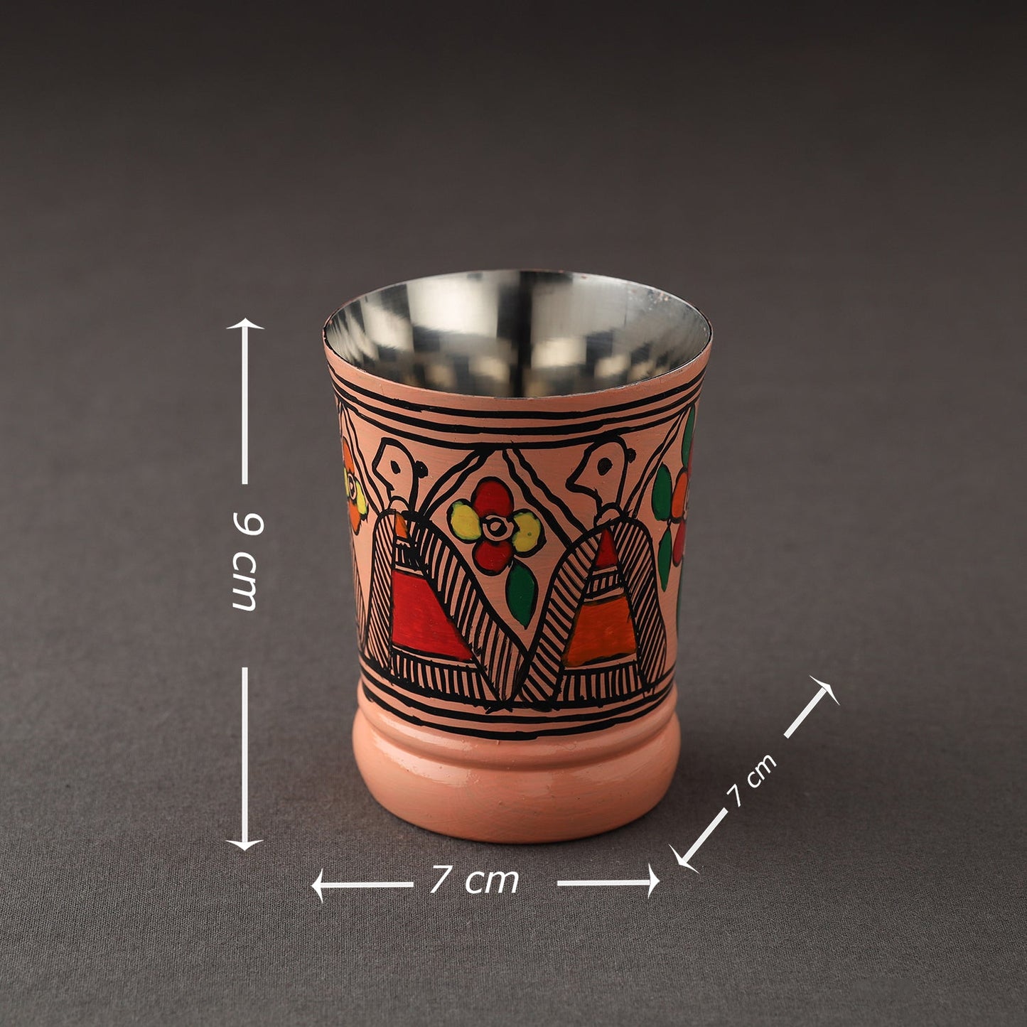 Godna Madhubani Peach Handpainted Stainless Steel Glass