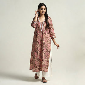Peach - hand batik printed cotton straight kurta with lace