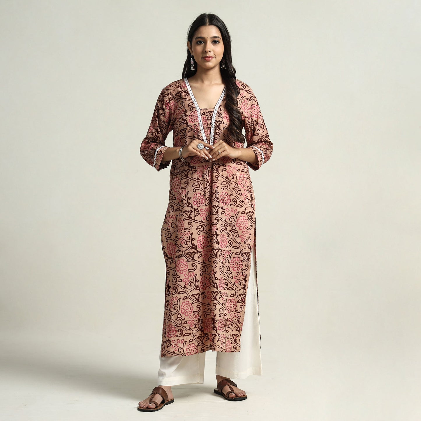 Peach - hand batik printed cotton straight kurta with lace