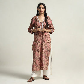 Peach - hand batik printed cotton straight kurta with lace