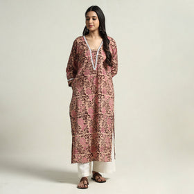 Peach - hand batik printed cotton straight kurta with lace