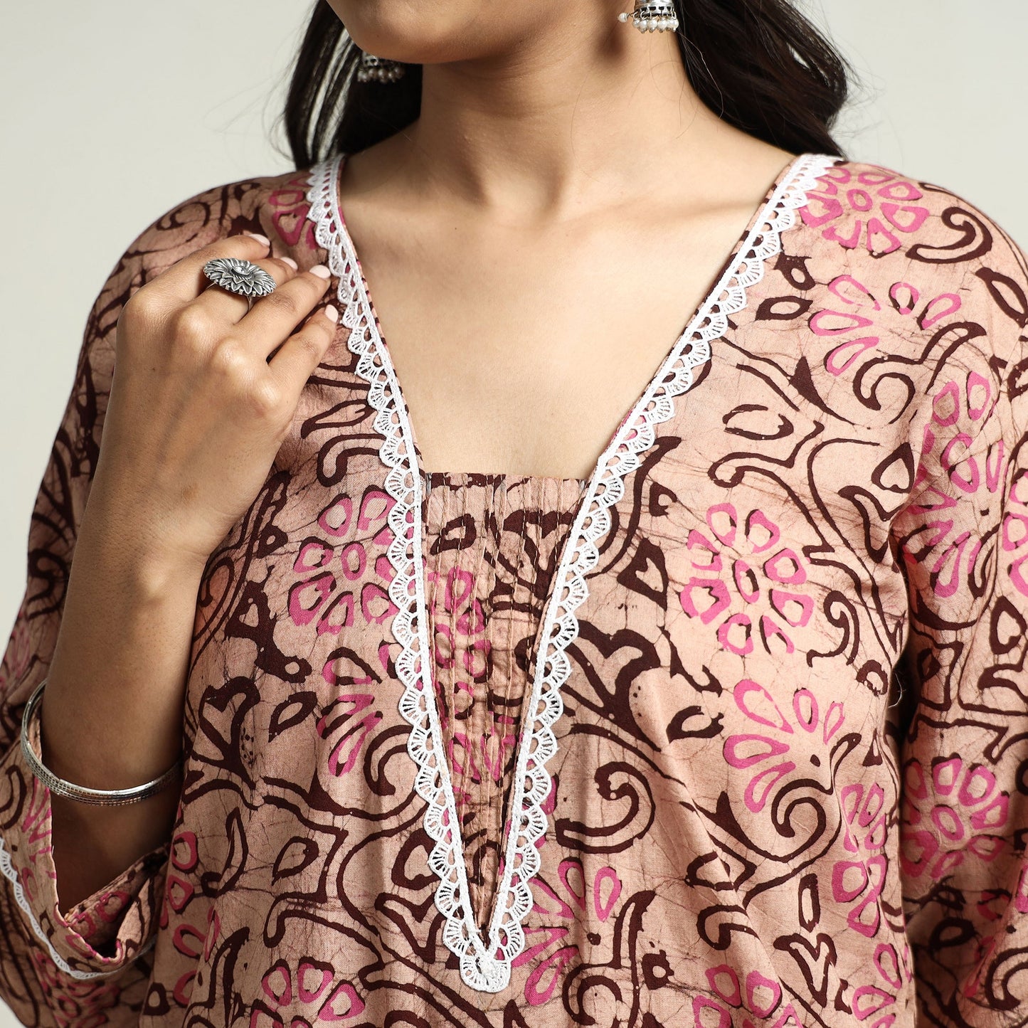 Peach - hand batik printed cotton straight kurta with lace