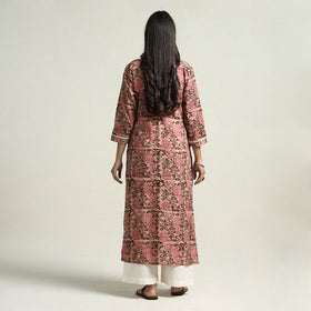 Peach - hand batik printed cotton straight kurta with lace
