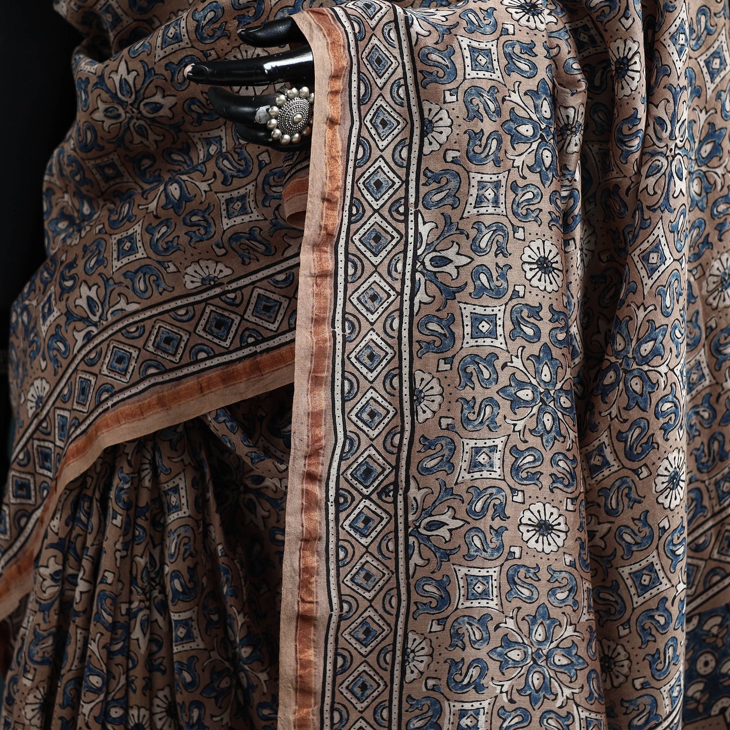 Hand block print natural dyed chanderi silk ajrakh saree 13
