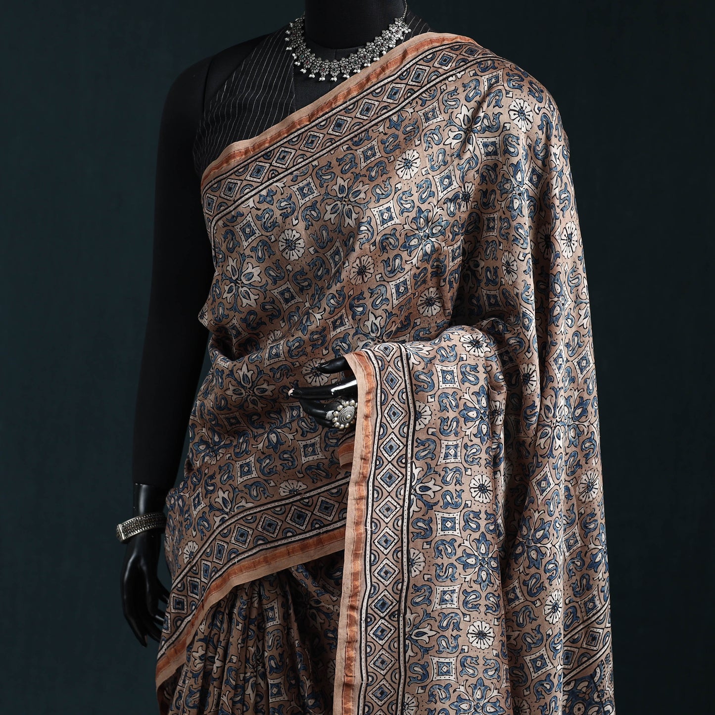 Hand block print natural dyed chanderi silk ajrakh saree 13
