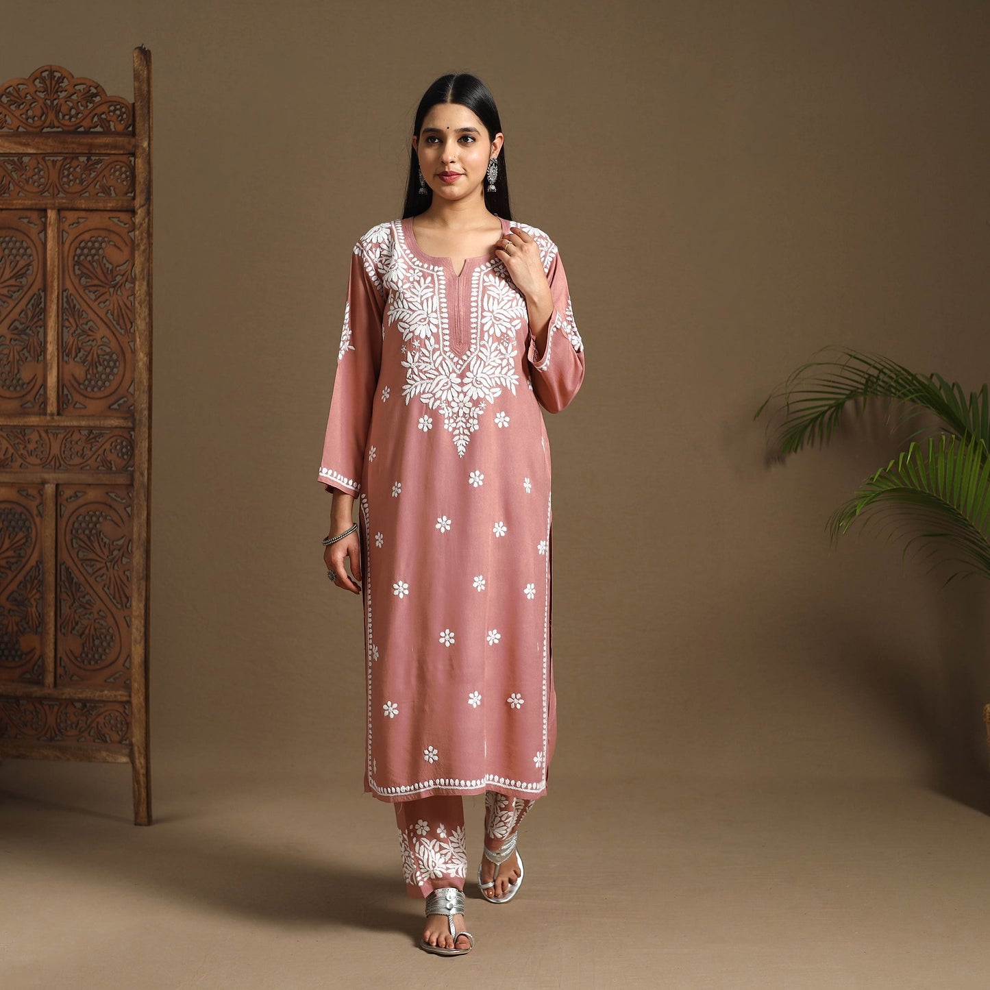 Peach Hand Embroidered Rayon Chikankari Kurta with Pant Set