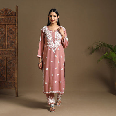 Peach Hand Embroidered Rayon Chikankari Kurta with Pant Set