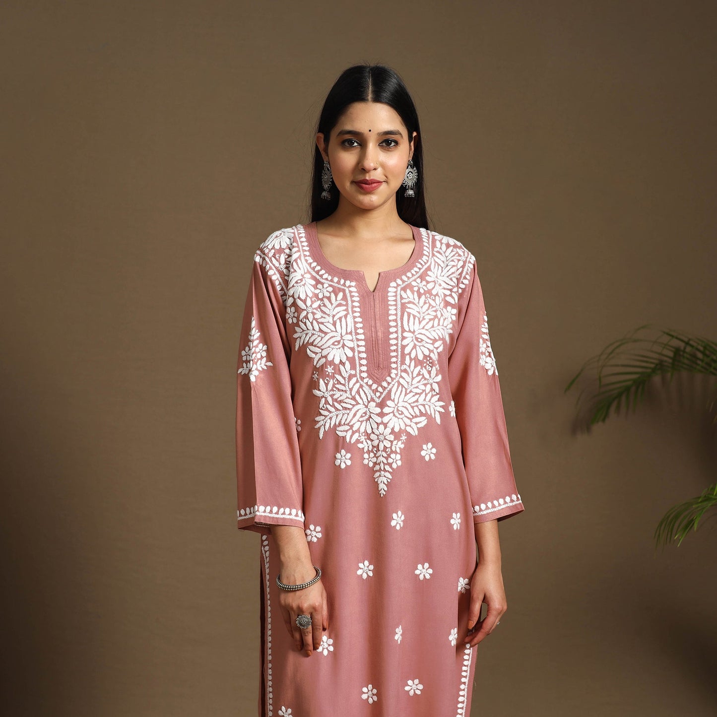 Peach Hand Embroidered Rayon Chikankari Kurta with Pant Set