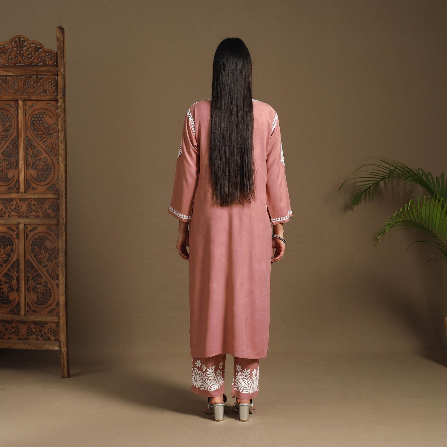 Peach Hand Embroidered Rayon Chikankari Kurta with Pant Set