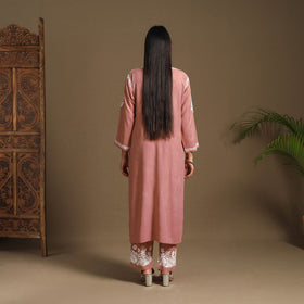 Peach Hand Embroidered Rayon Chikankari Kurta with Pant Set