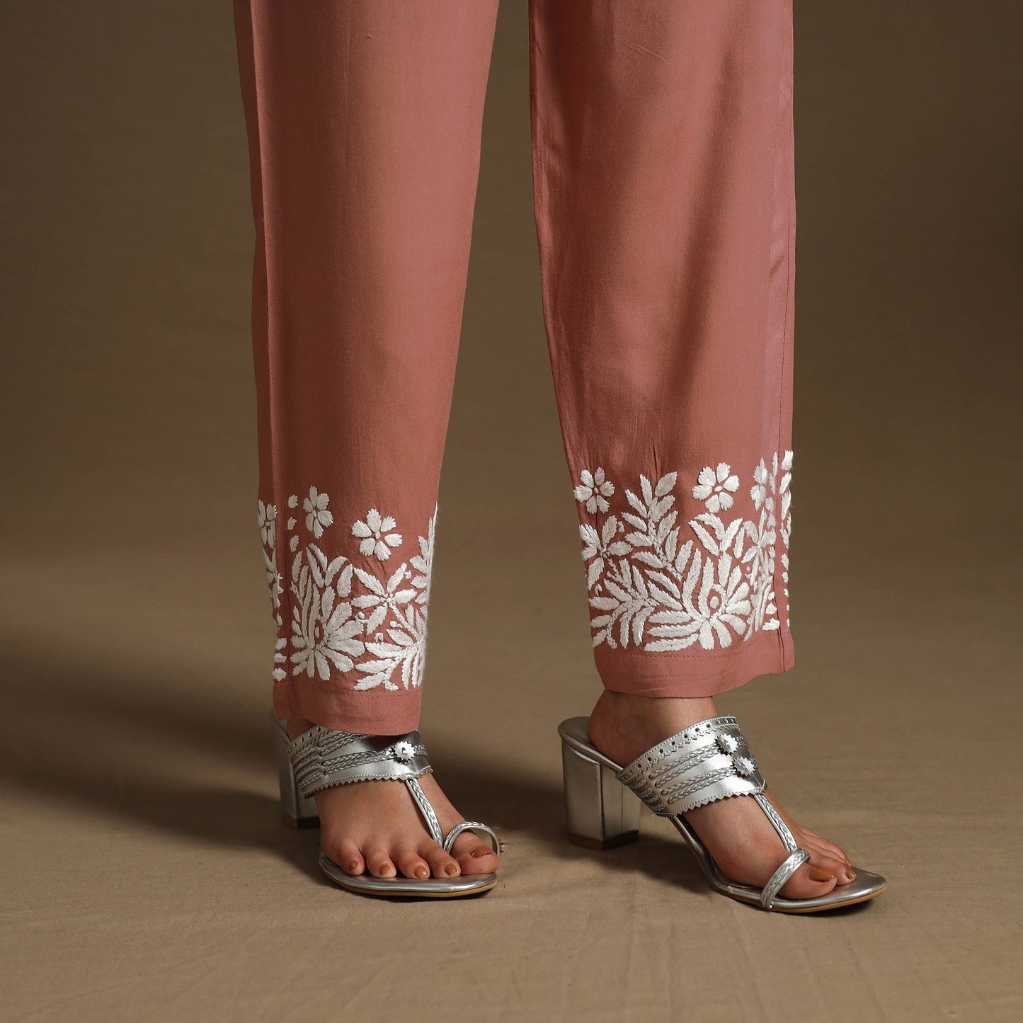 Peach Hand Embroidered Rayon Chikankari Kurta with Pant Set