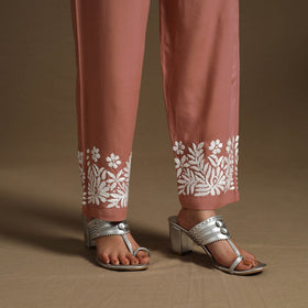 Peach Hand Embroidered Rayon Chikankari Kurta with Pant Set