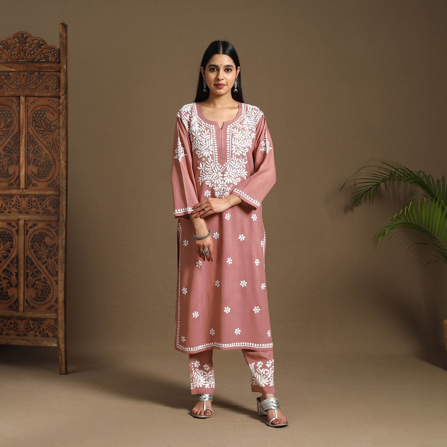 Peach Hand Embroidered Rayon Chikankari Kurta with Pant Set
