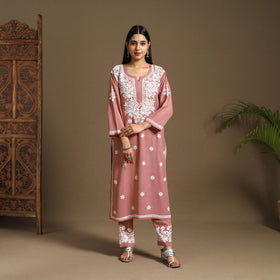 Peach Hand Embroidered Rayon Chikankari Kurta with Pant Set