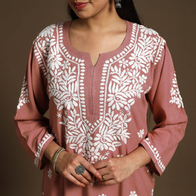 Peach Hand Embroidered Rayon Chikankari Kurta with Pant Set