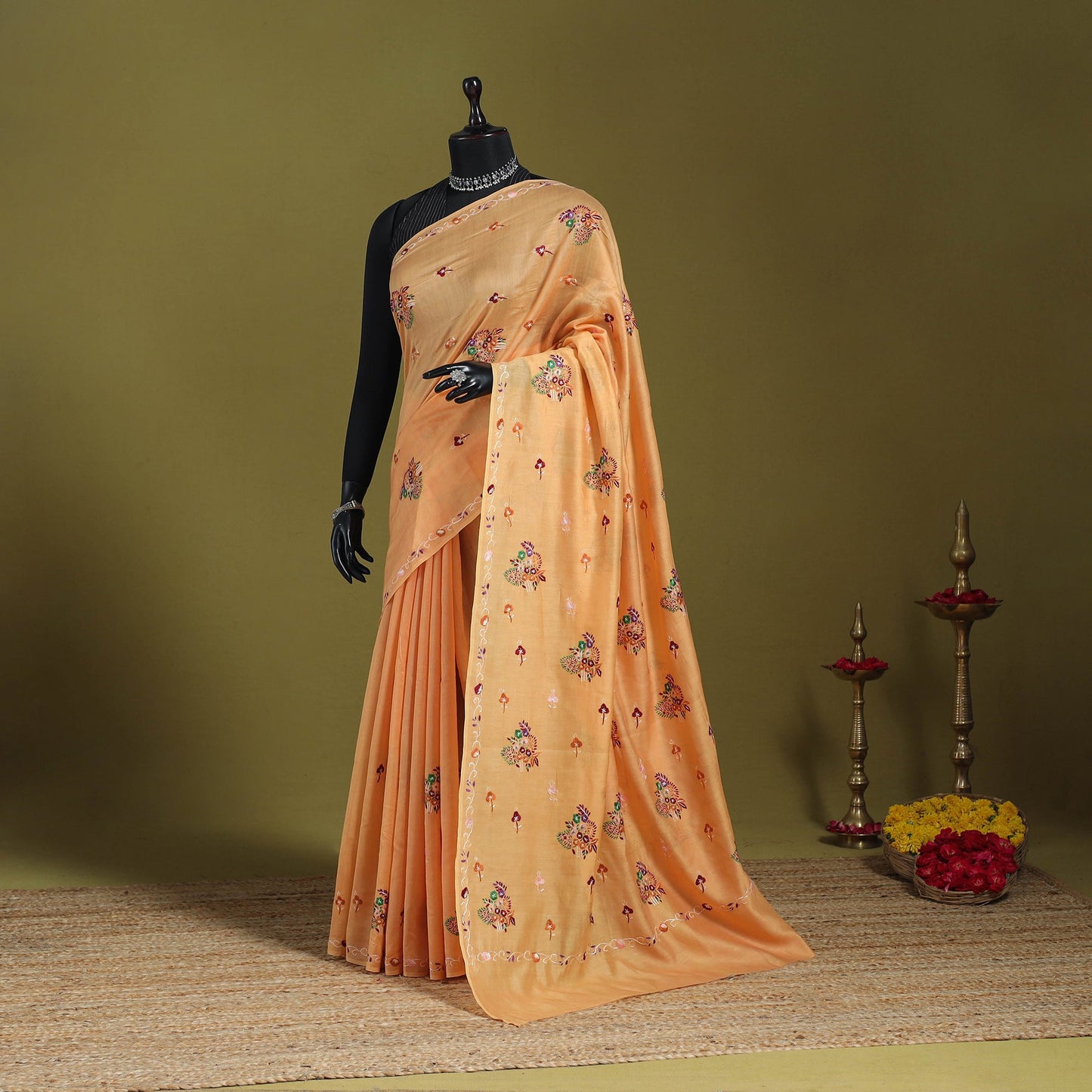 Peach - hand embroidery chanderi silk kashida saree