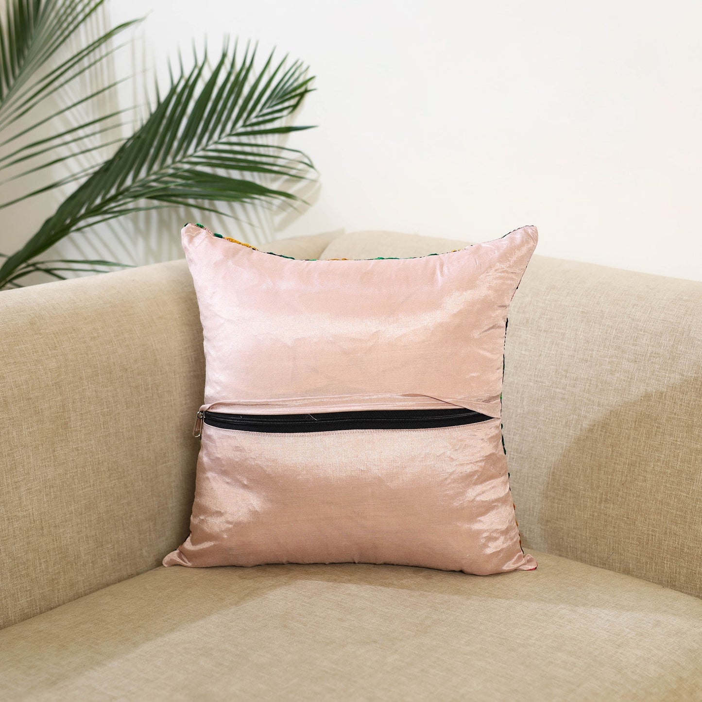 Peach - hand embroidery cushion cover in chanderi silk 23
