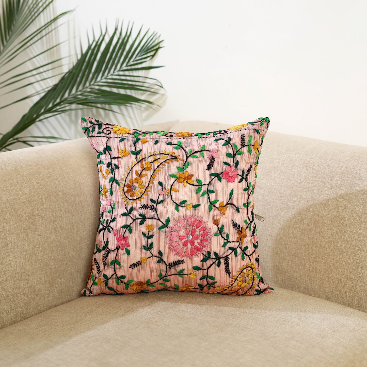 Peach - hand embroidery cushion cover in chanderi silk 23