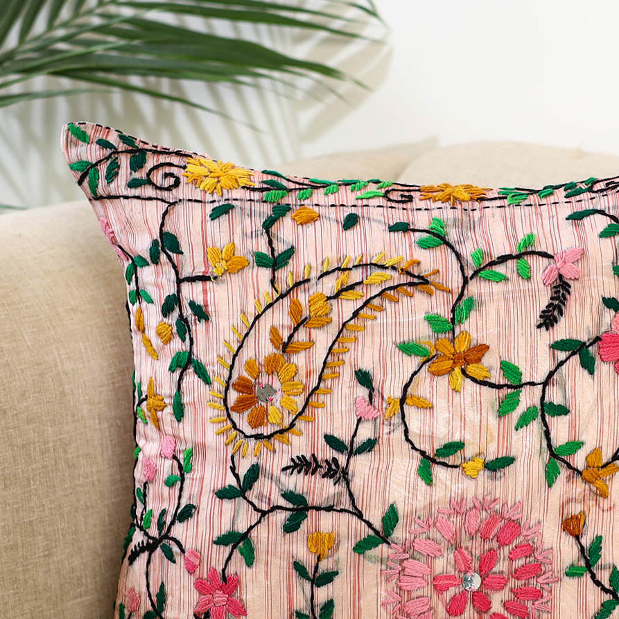 Peach - hand embroidery cushion cover in chanderi silk 23