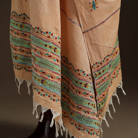 Peach Hand Embroidery Khes Handwoven Cotton Kantha Dupatta