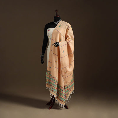 Peach Hand Embroidery Khes Handwoven Cotton Kantha Dupatta