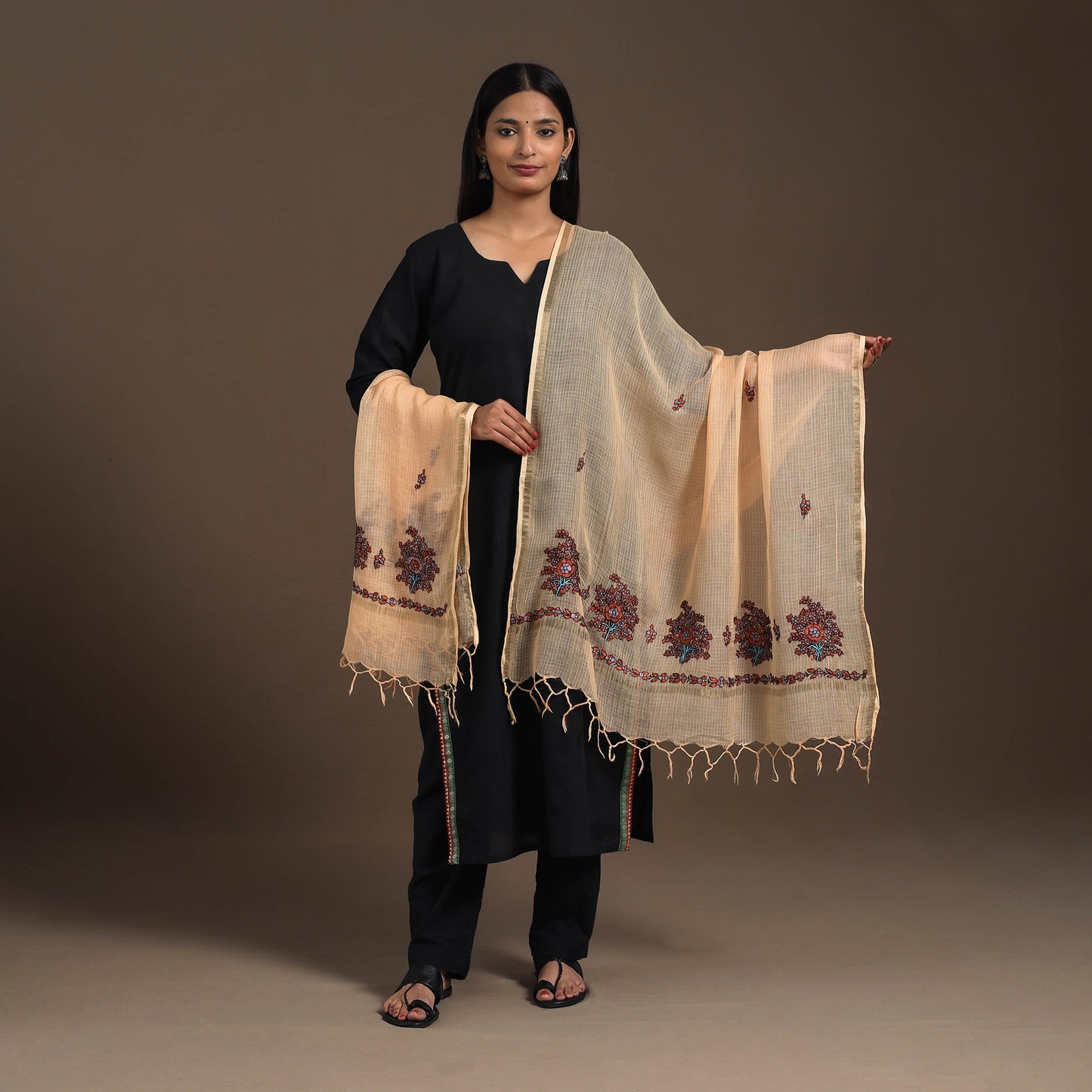 Peach - hand embroidery kota silk kashida dupatta 03