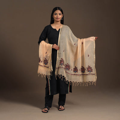Peach - hand embroidery kota silk kashida dupatta 03