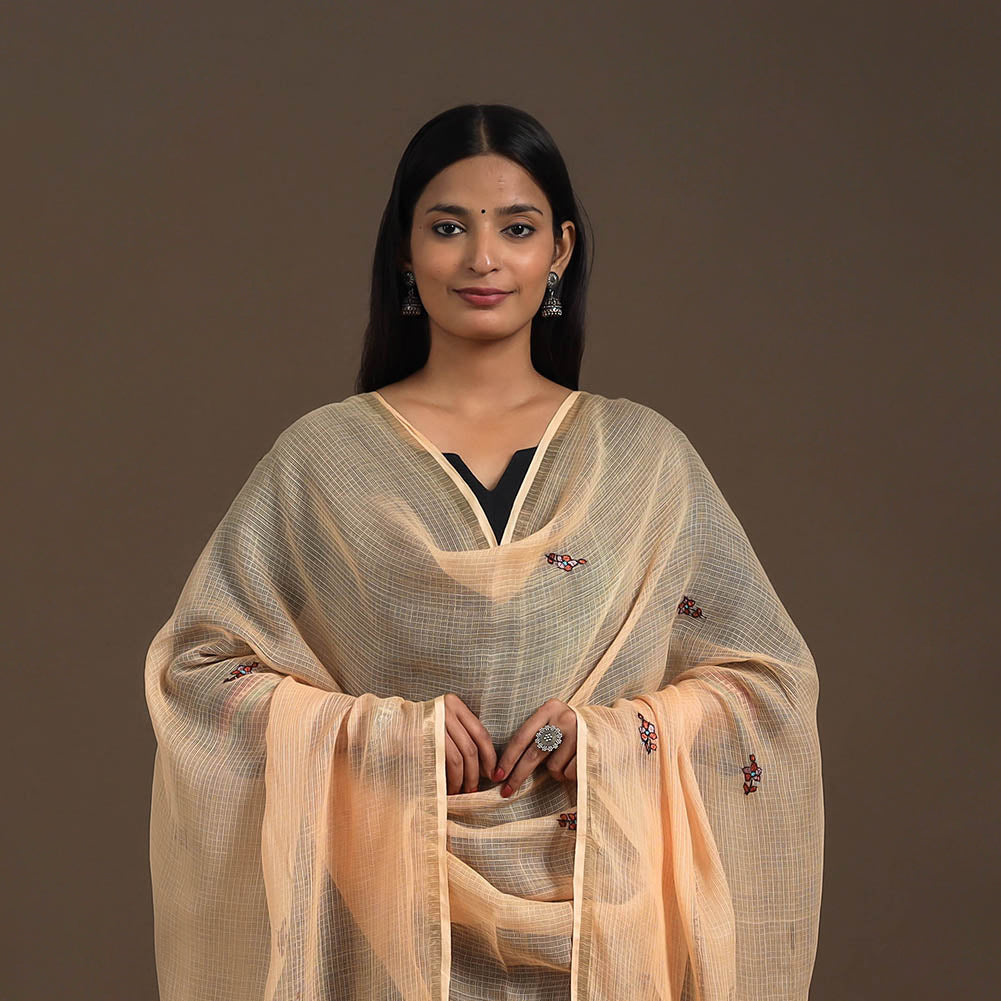Peach - hand embroidery kota silk kashida dupatta 03