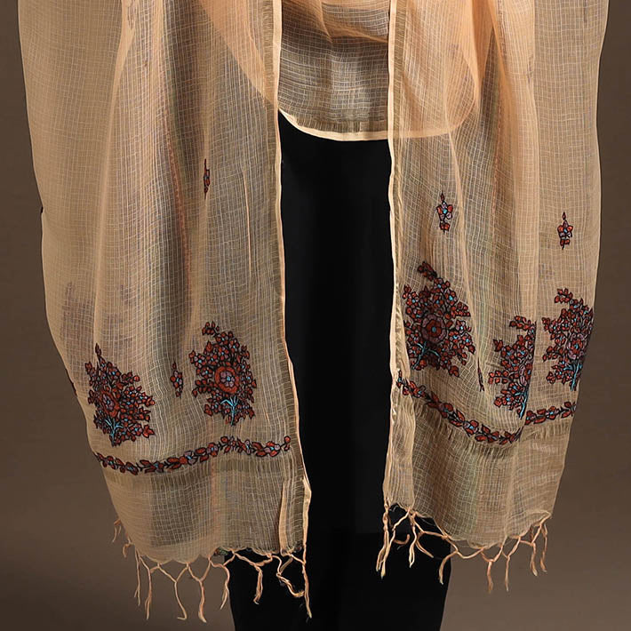 Peach - hand embroidery kota silk kashida dupatta 03