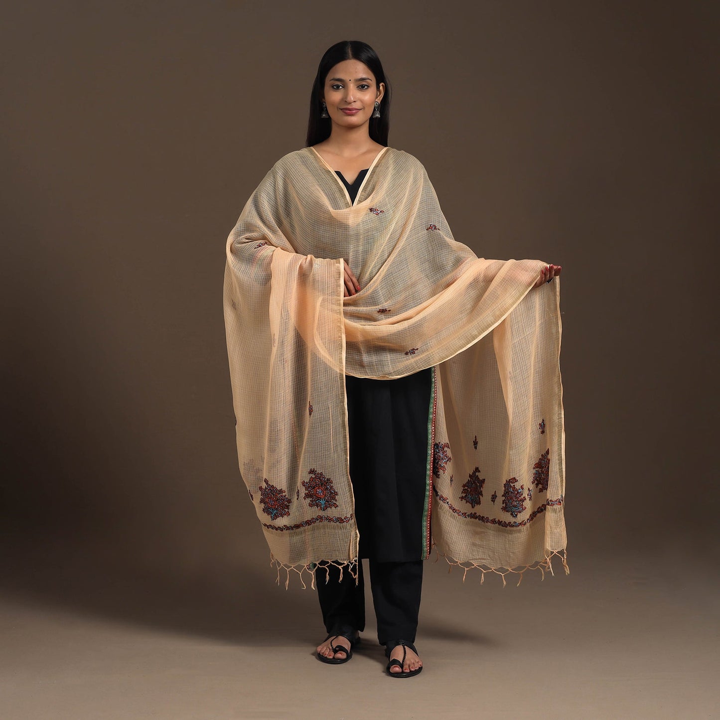 Peach - hand embroidery kota silk kashida dupatta 03