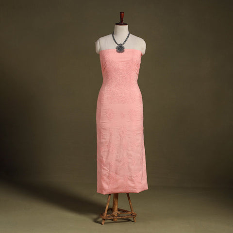Peach Hand Embroidery Mul Cotton Chikankari Kurta Material