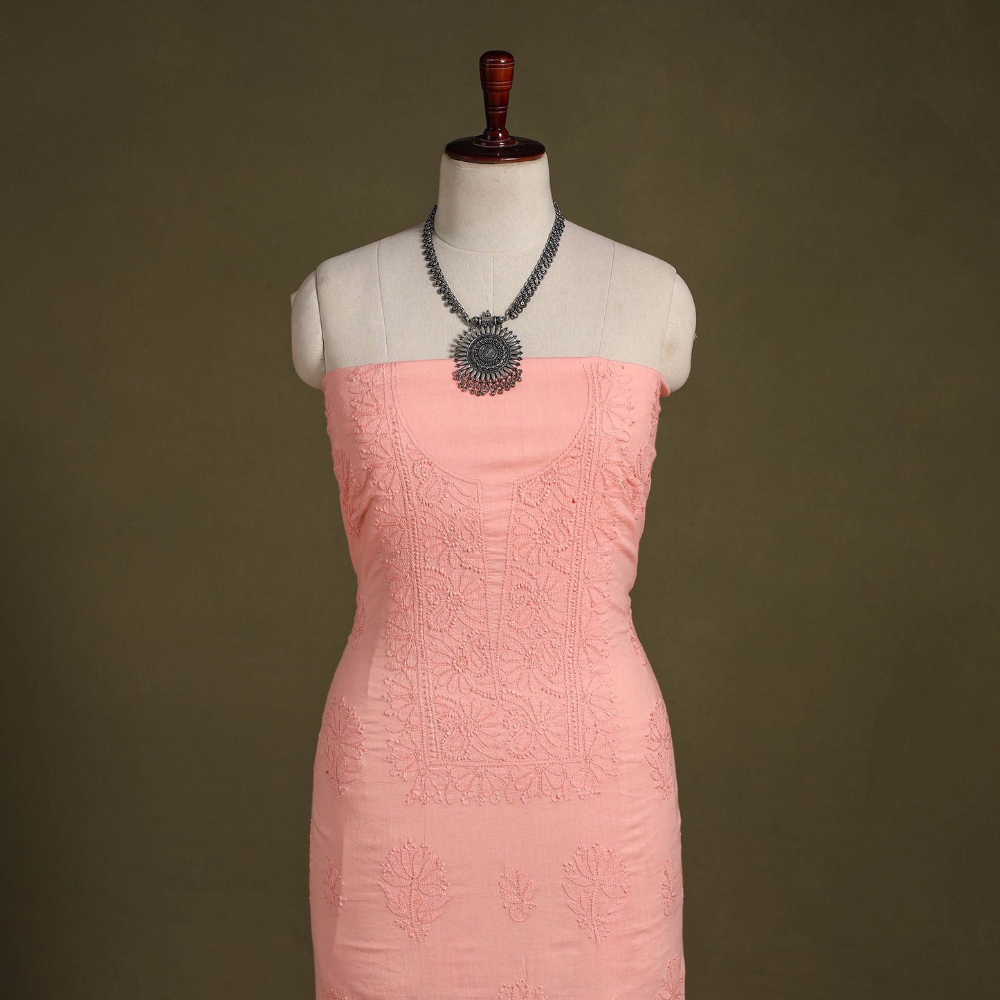 Peach Hand Embroidery Mul Cotton Chikankari Kurta Material