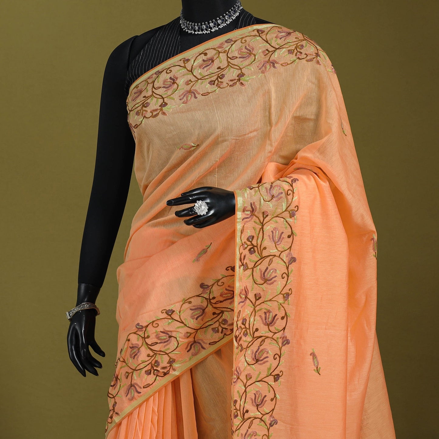 Peach - hand embroidery pure chanderi silk printed kashida