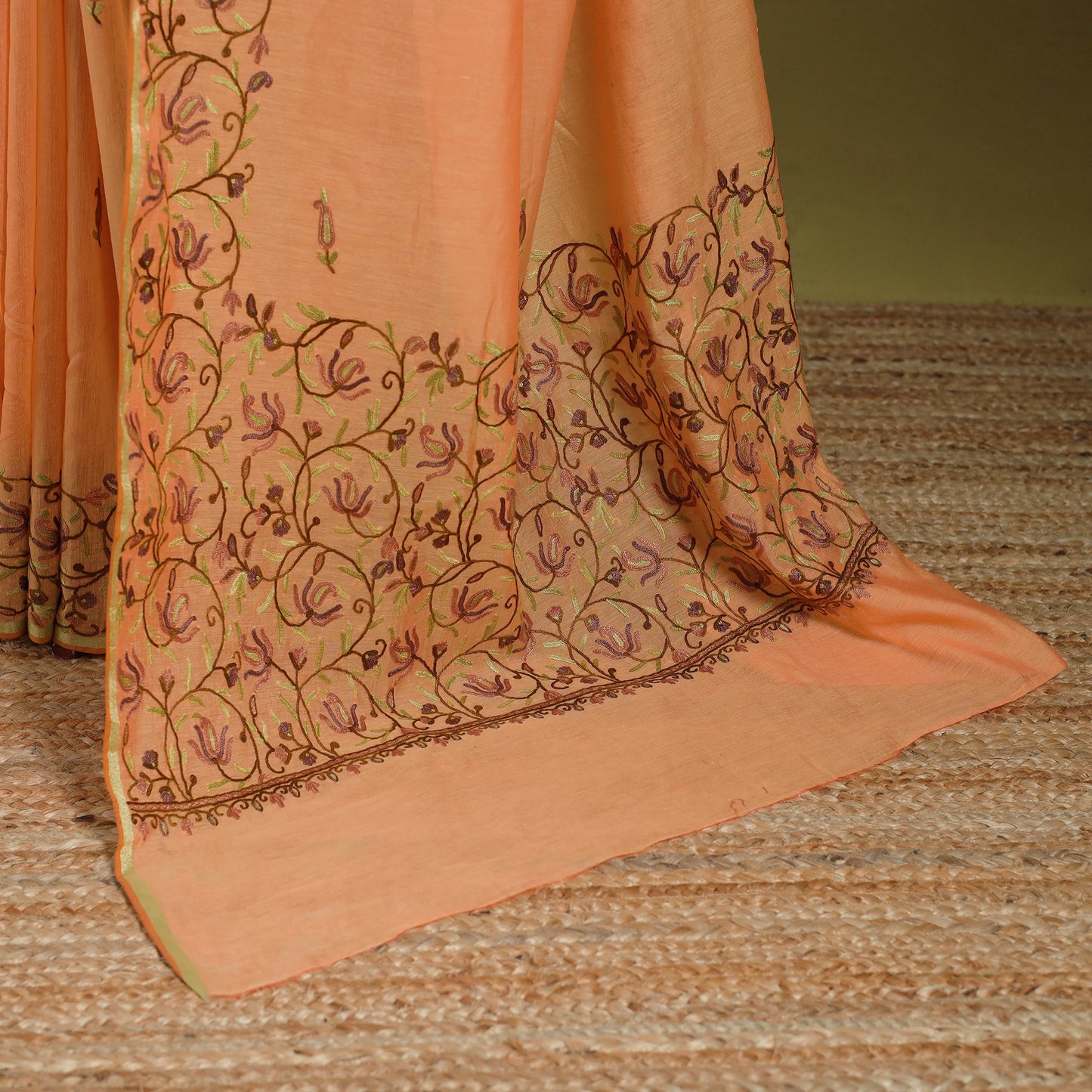 Peach - hand embroidery pure chanderi silk printed kashida