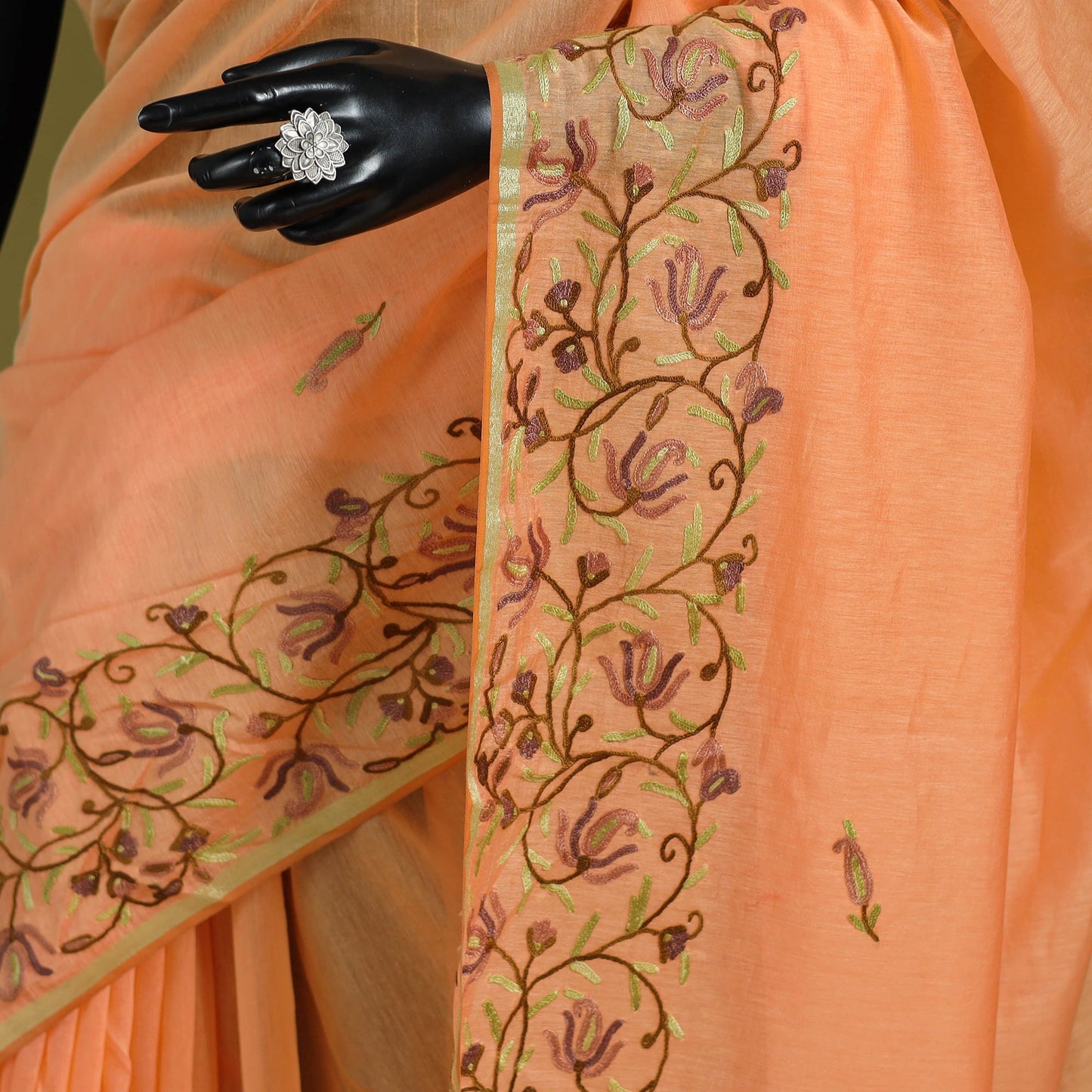 Peach - hand embroidery pure chanderi silk printed kashida
