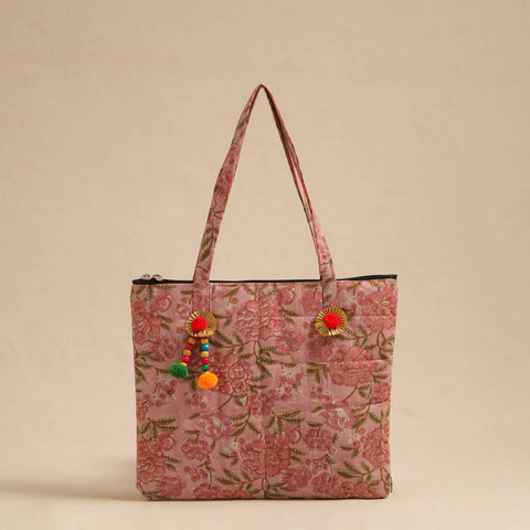 Peach Handcrafted Quilted Cotton Hand Bag