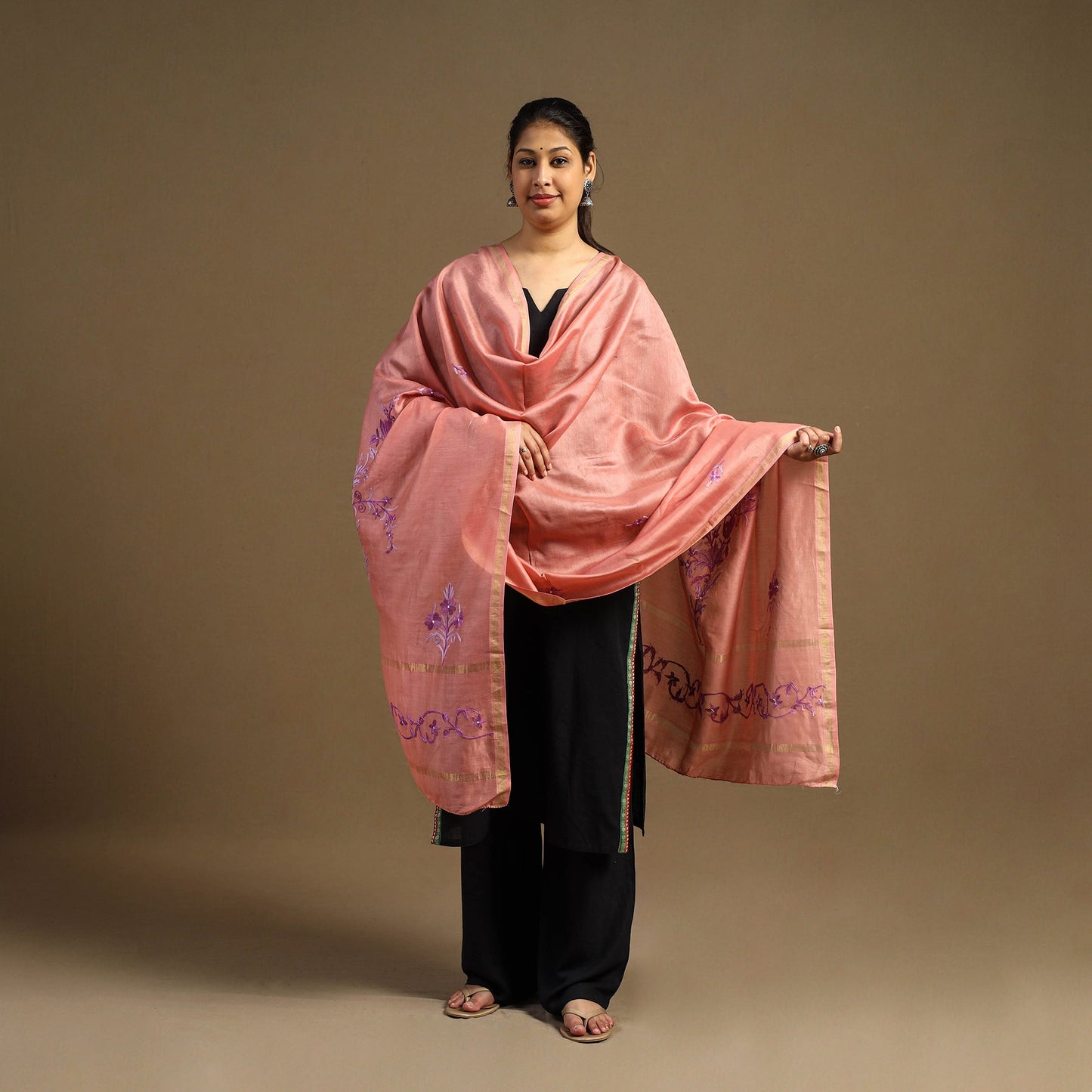 Buy Handloom Chanderi Silk Kashida Embroidery Dupatta