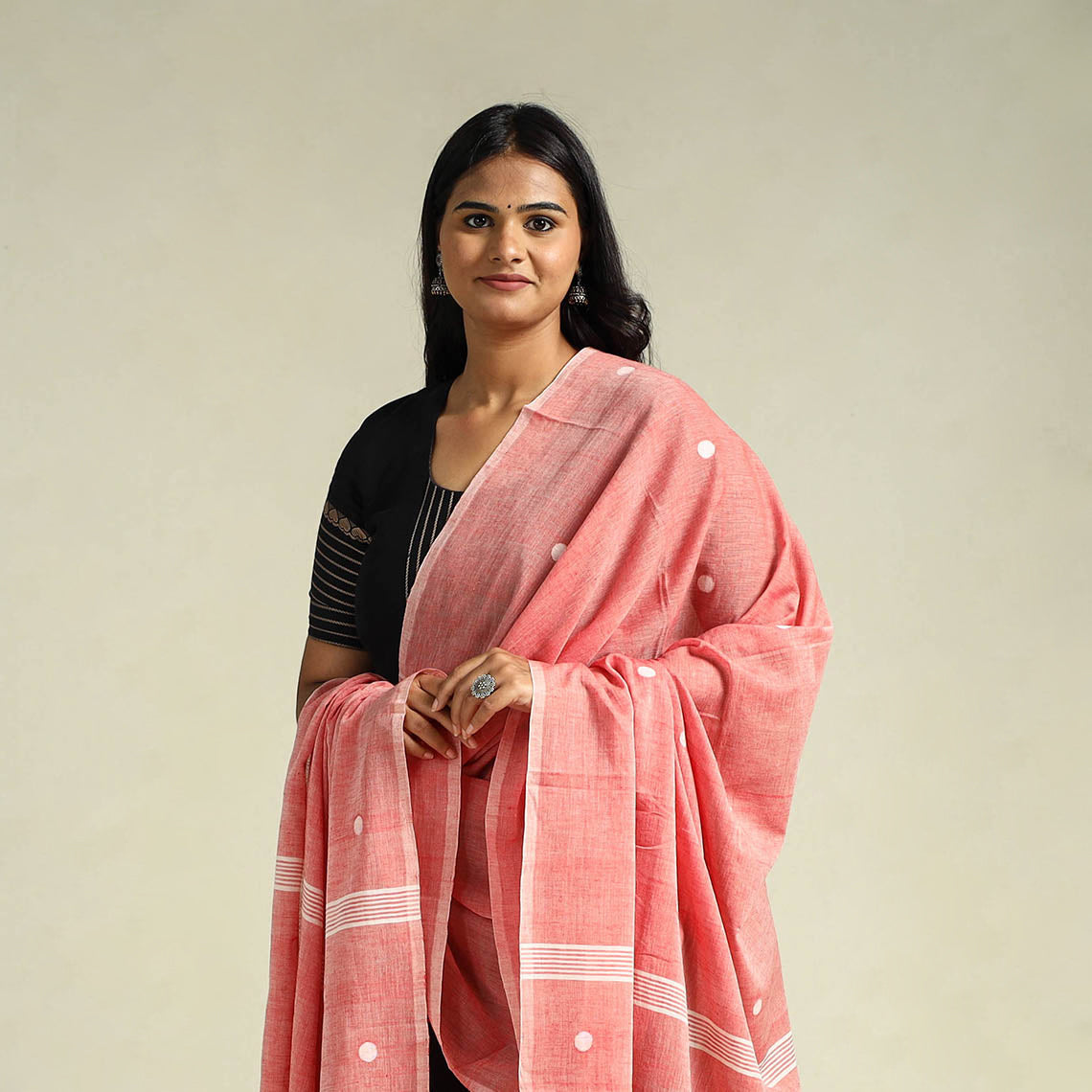 Peach Handloom Cotton Burdwan Jamdani Dupatta