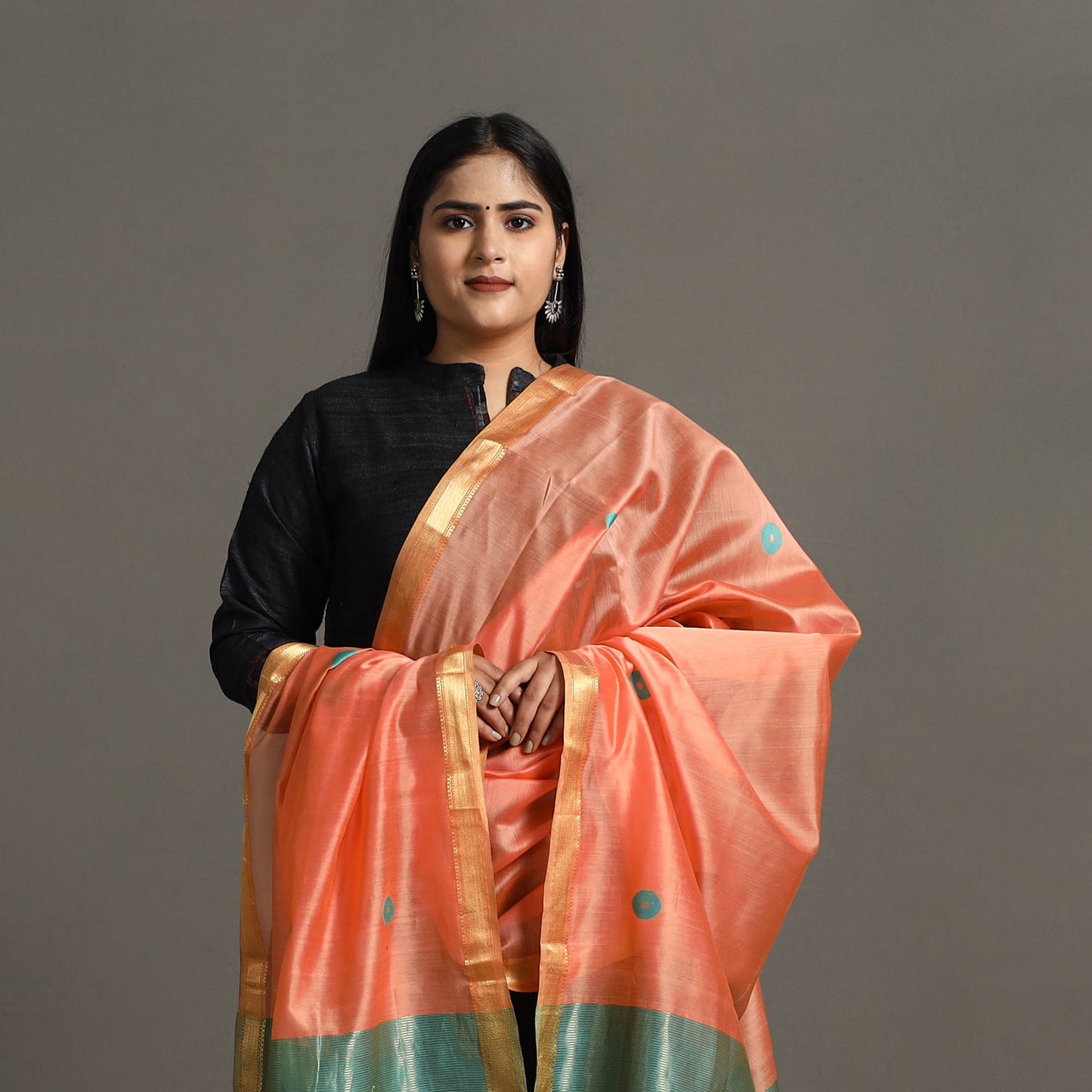 Peach - handloom silk cotton circle buti maheshwari dupatta