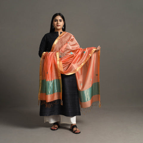 Peach - handloom silk cotton circle buti maheshwari dupatta