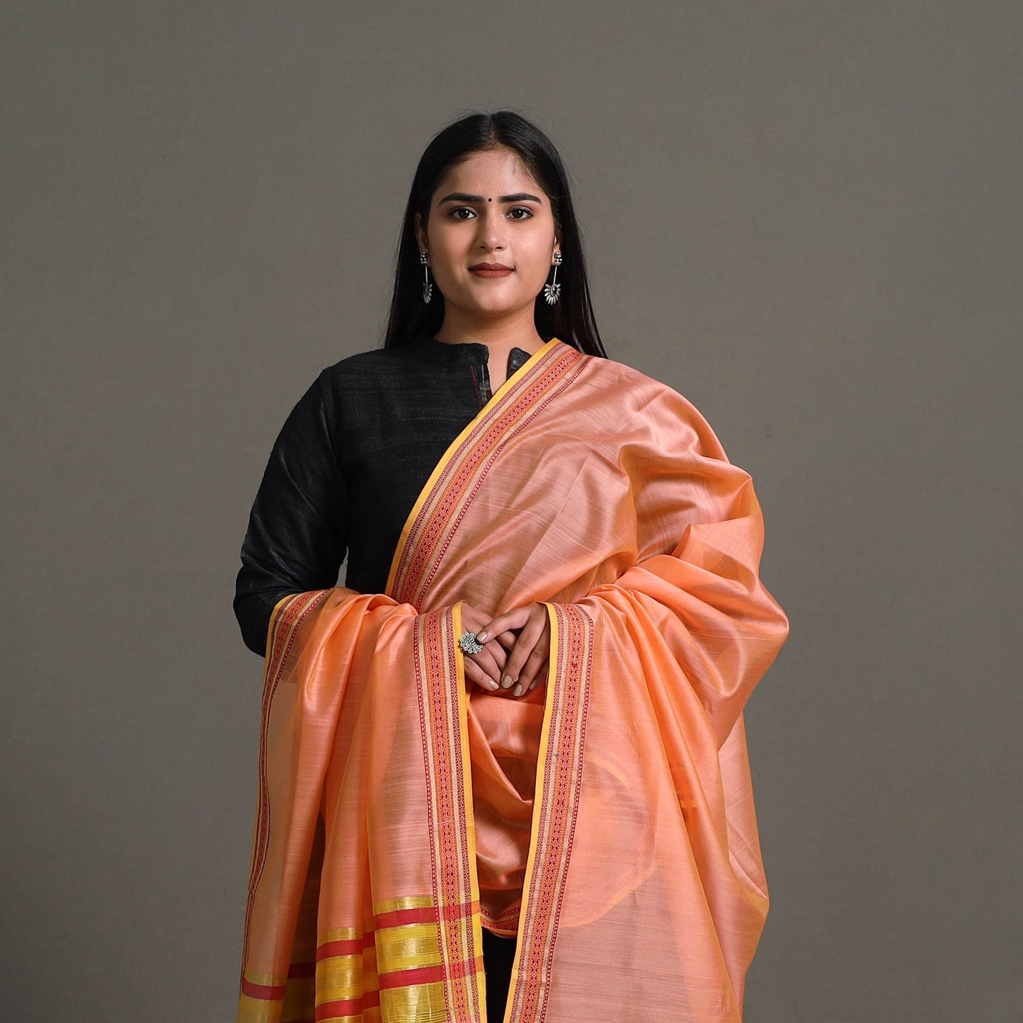 Peach Handloom Silk Cotton Zari Border Maheshwari Dupatta