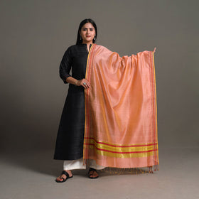 Peach Handloom Silk Cotton Zari Border Maheshwari Dupatta