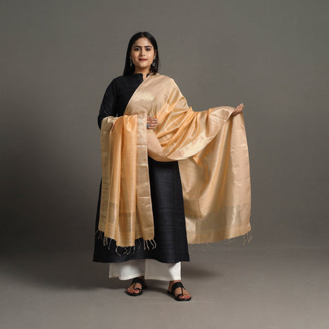 Peach Handloom Silk Cotton Zari Border Maheshwari Dupatta