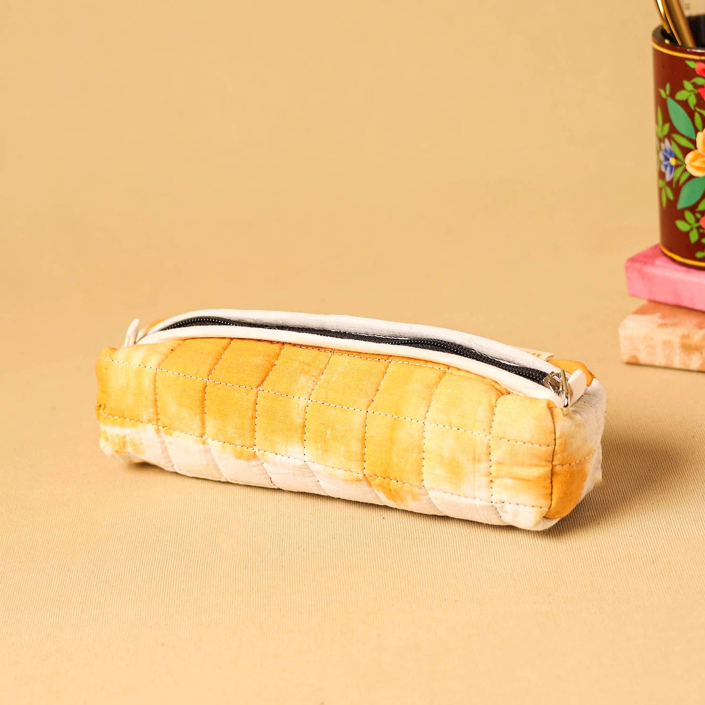 Peach - handmade cotton quilted pencil pouch 23